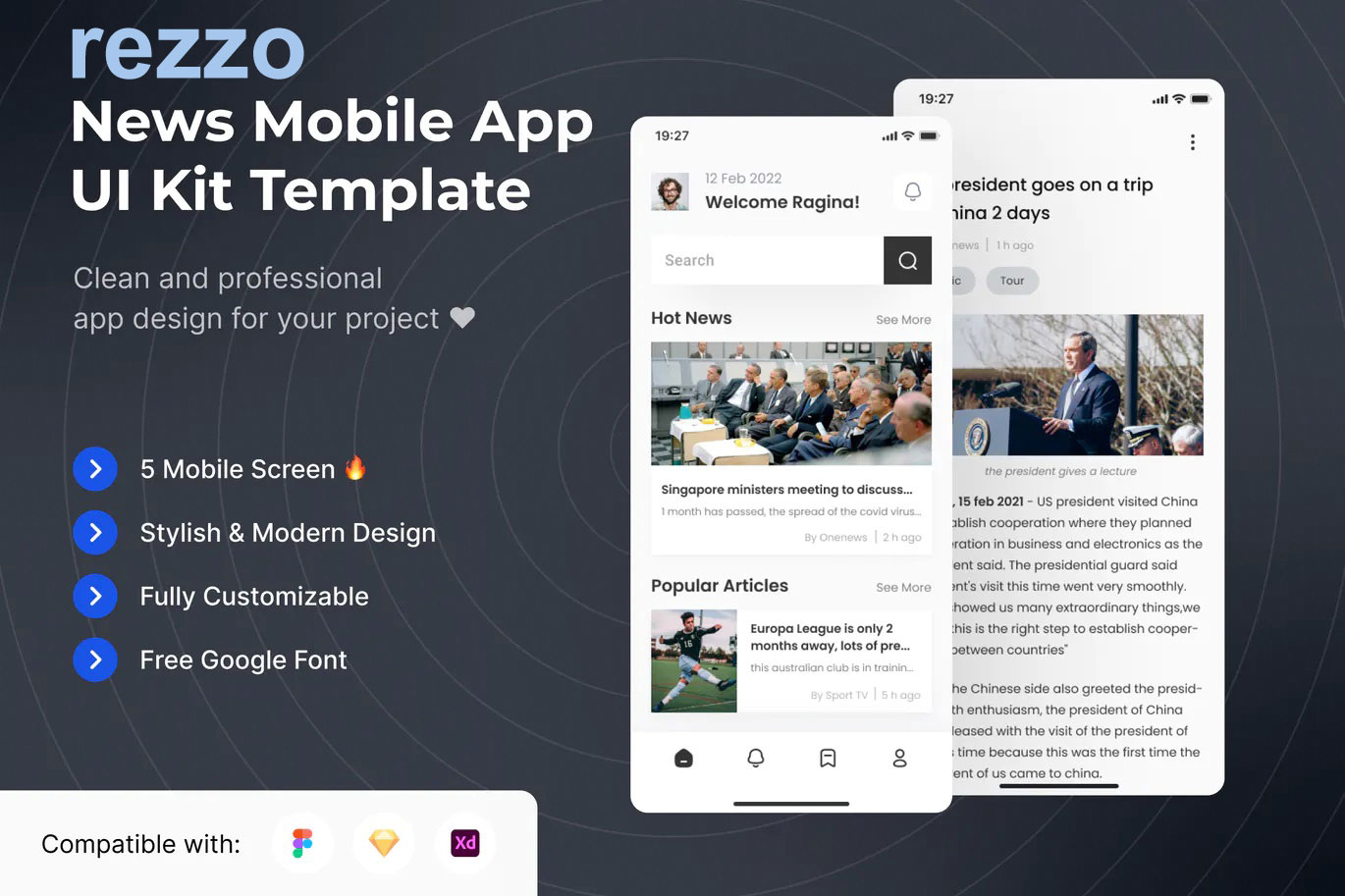 Rezzo - News Mobile App UI Kits Template - XD + Figma Project