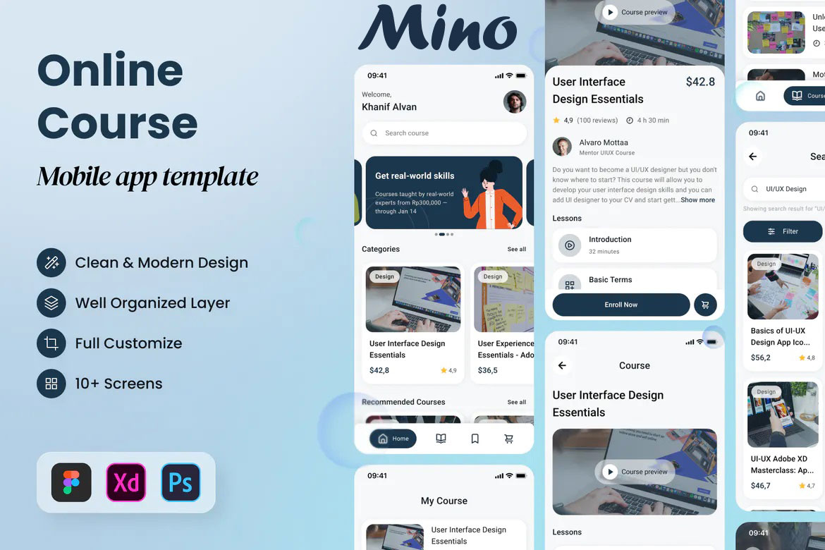 Mino - Online Course Mobile App - Figma XD Project