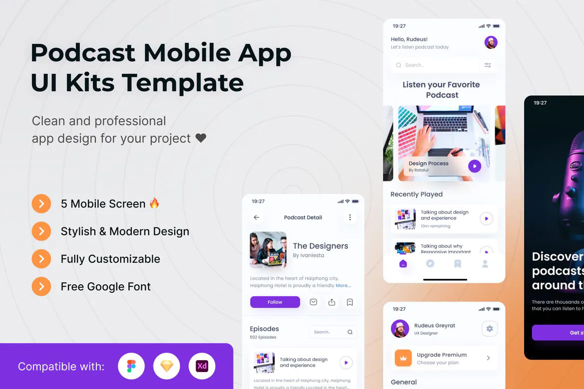 Podcasts - Mobile App UI Kit Template - Figma project