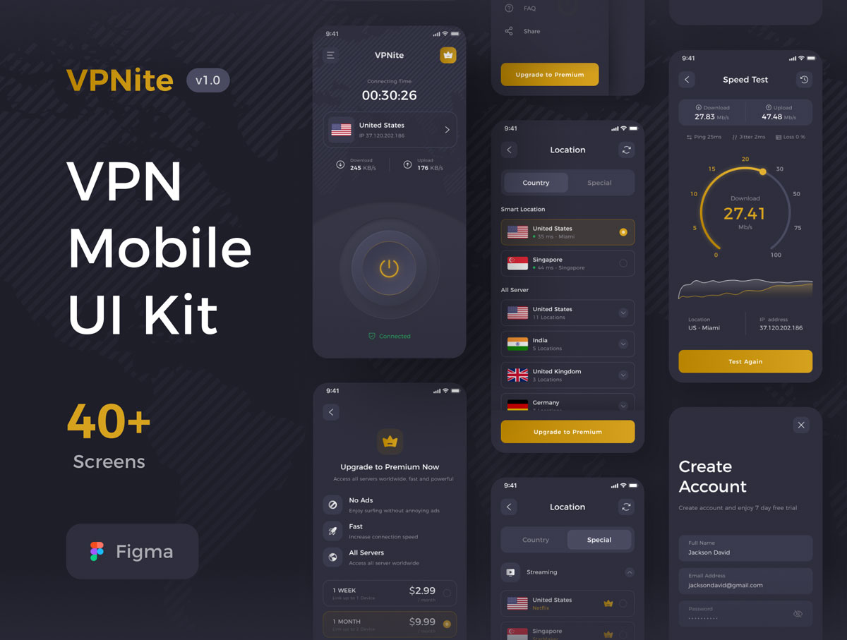 VPNite - VPN Mobile App UI Kit - Figma project